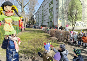Dzieci maszerują po okolicy przedszkola, Pani trzyma w ręku Marzannę