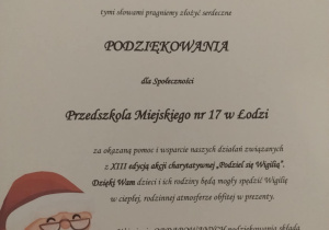 Podziękowania dla Przedszkola nr 17 w Łodzi za udział w akcji "Podziel się wigilią" Fundacja Małgorzaty Niemczyk
