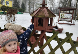 Dzieci wsypują ziarno dla ptaków do karmnika.