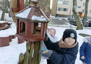 dzieci dokarmiają ptaki sypiąc ziarno