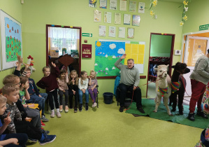 dzieci słuchają ciekawostek o alpakach
