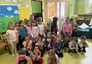 dzieci pozują do zdjęcia z alpakami