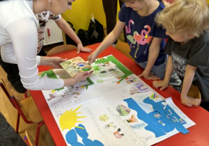 dzieci wykonują plakat dotyczący dbania o przyrodę