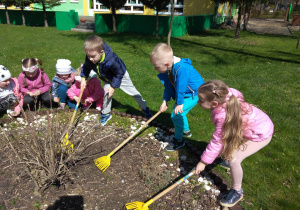 Dzieci grabią rabatę z ziołami i wyrywają chwasty