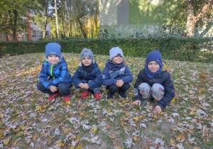chłopcy kucają pośród liści