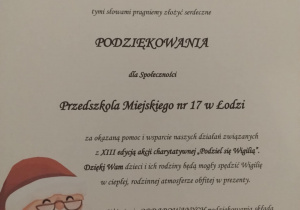 Podziękowania dla Przedszkola nr 17 w Łodzi za udział w akcji "Podziel się wigilią" Fundacja Małgorzaty Niemczyk