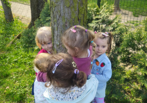 Dzieci przytulają się do pnia drzewa.
