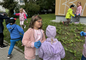 dzieci szukają śmieci w okolicy przedszkola