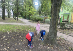 dzieci szukają śmieci na trawniku