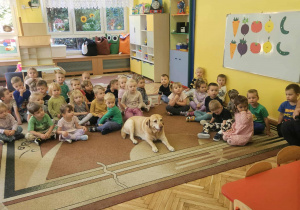 strażnik rozmawia z dziećmi na temat bezpieczeństwa w kontaktach ze zwierzętami