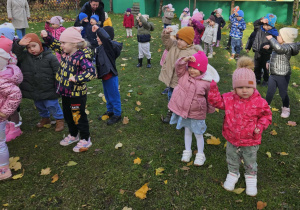 Dzieci w ogrodzie ustawione w rozsypce ćwiczą chwyt karate