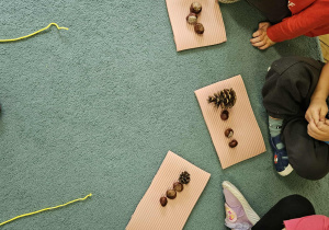 Dzieci układają rytmy z kasztanów i szyszek.